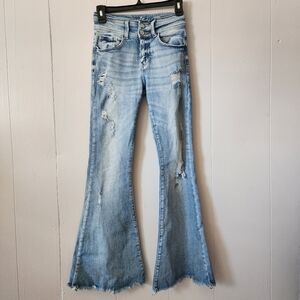 Kancan Bootcut Jeans Distressed High Rise Super Flare Fringe Raw Hem 25